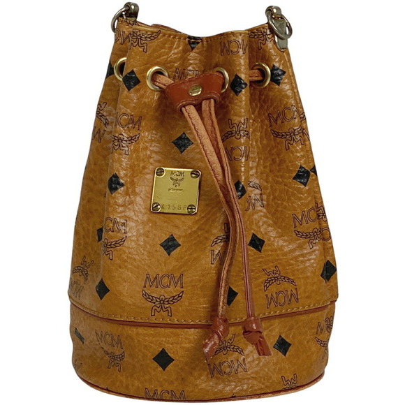 MCM Logogram Drawstring Shoulder Bag Visetos Brown Leather - Picture 1 of 6